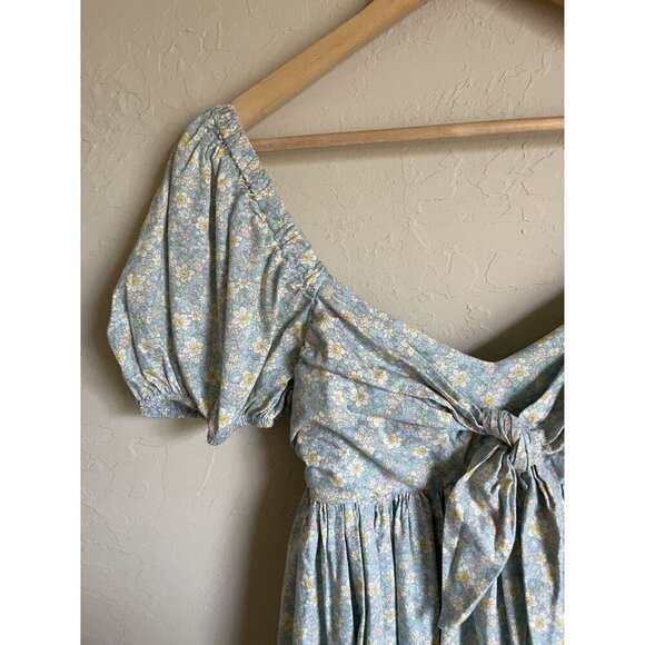Mable Size Medium Smocked Tie Bow Doll Front Blue Floral Mini Dress A-Line Puff - Picture 6 of 8